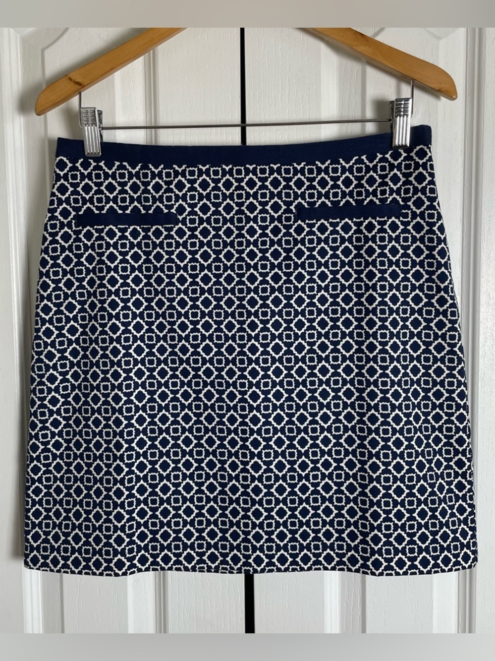 Talbots Geometric Print Skirt Women’s 6 Petite Navy Blue White A-Line Career